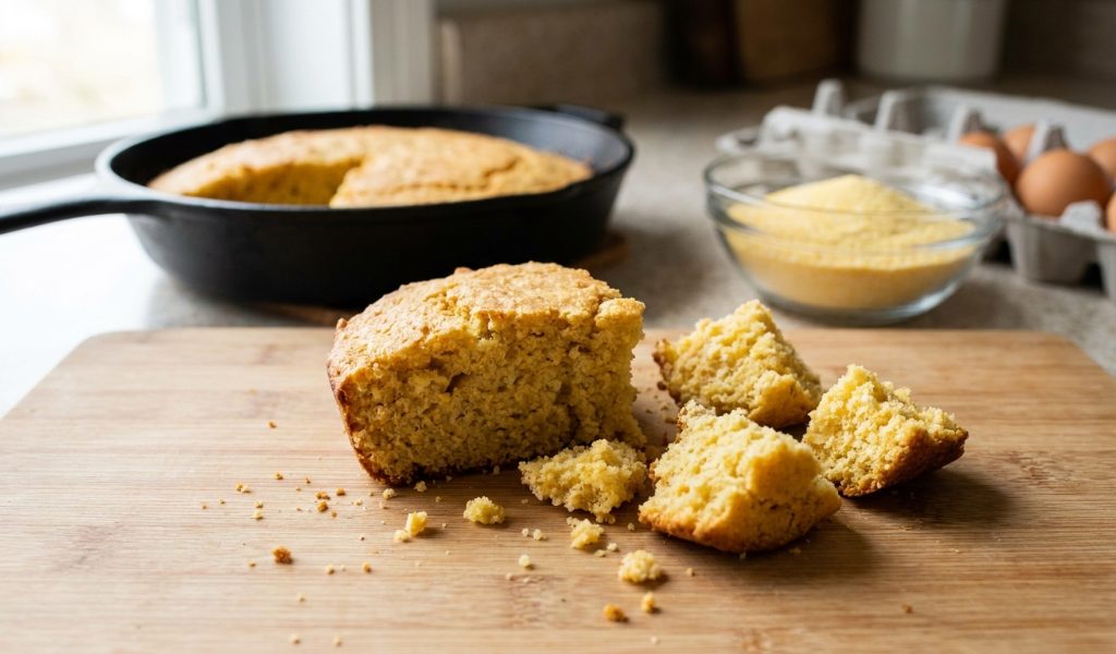 Sliced homemade cornbread with a moist golden crumb